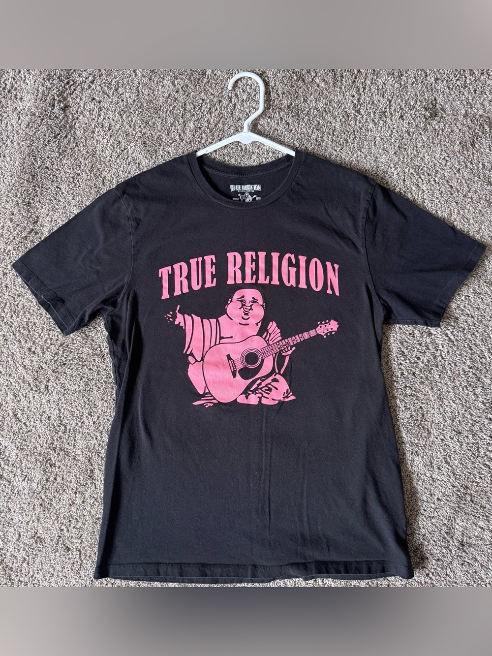 True Religion Black Tee with Pink Buddha Graphic